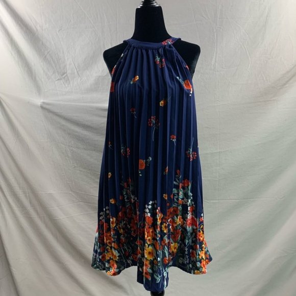 Blue Boho Floral Print Pleated Detail Halter Dress - Picture 6 of 6